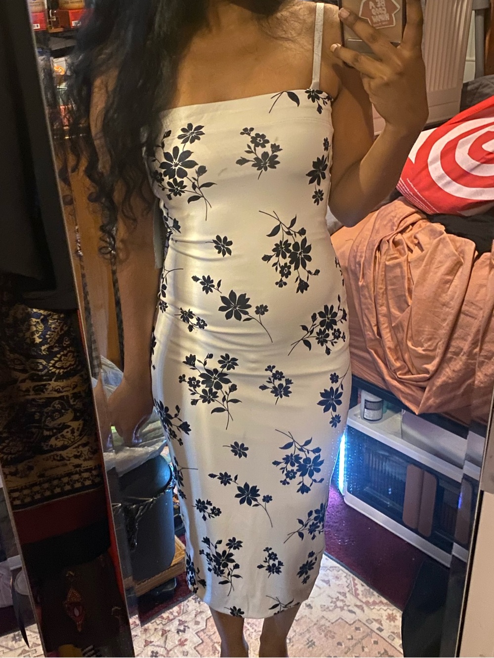 White Midi Dress with Black Floral Print